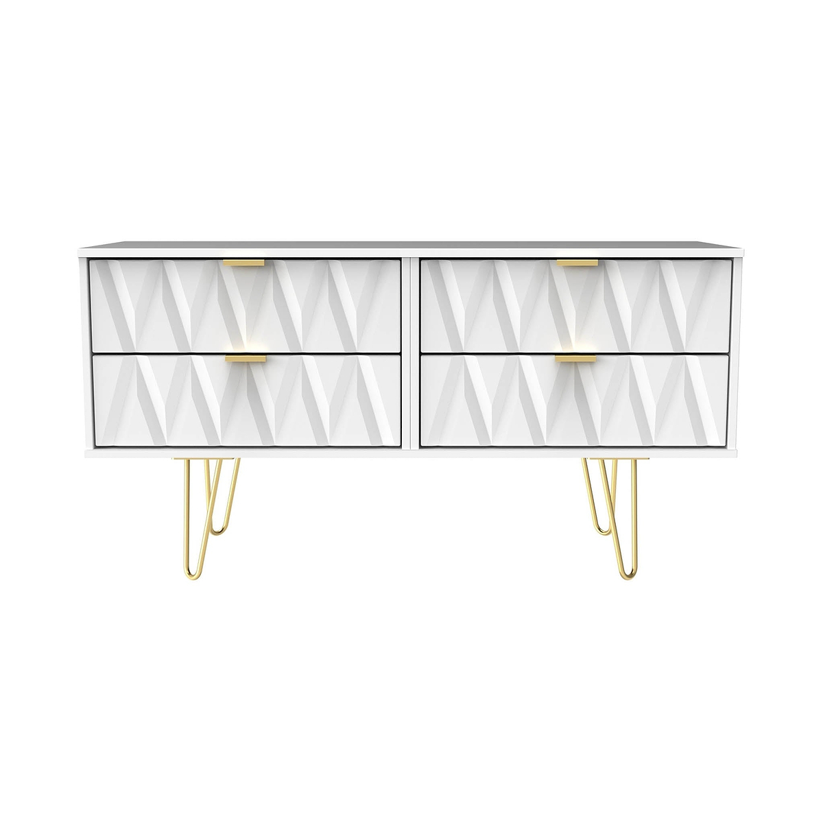 Geo white 4 Drawer Low TV Unit with gold hairpin legs from roseland