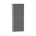 A grey, vertical-striped elevator with closed doors and a small rectangular gold plate, set against a plain white background.