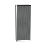 A grey, vertical-striped elevator with closed doors and a small rectangular gold plate, set against a plain white background.