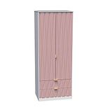 A pink fabric-covered wardrobe with gold handles stands against a white background. It features drawers at the bottom and a curtain-like front.