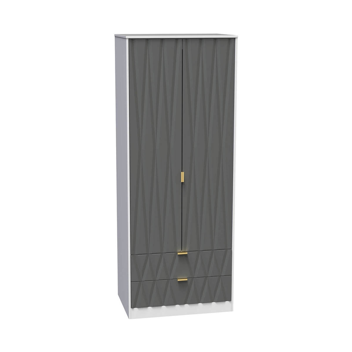 A gray, textured wardrobe with gold handles stands against a white background, showing a modern storage furniture design.
