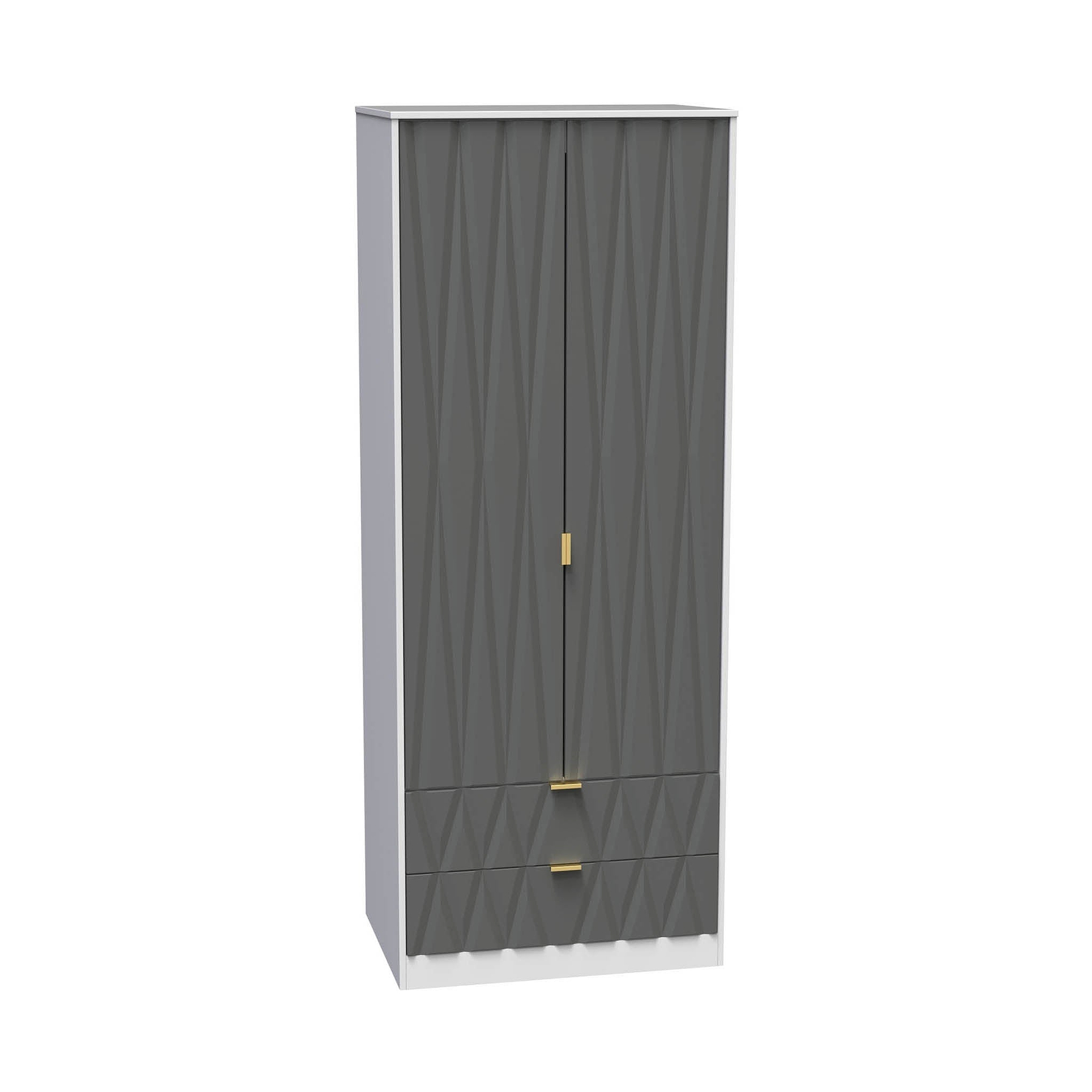 A gray, textured wardrobe with gold handles stands against a white background, showing a modern storage furniture design.