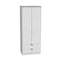 A tall white wardrobe with a textured design stands closed against a plain backdrop. The wardrobe features two doors and two lower drawers with golden handles.