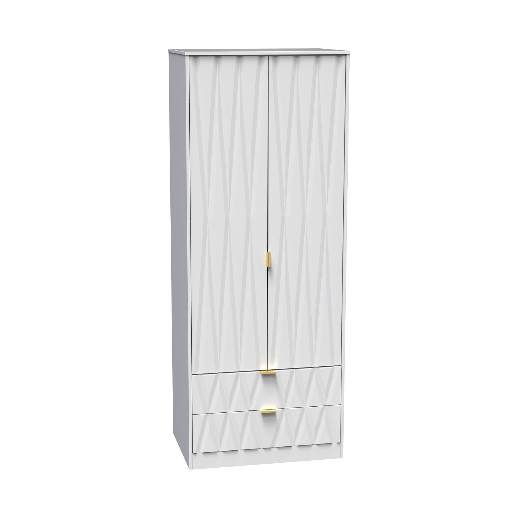 A tall white wardrobe with a textured design stands closed against a plain backdrop. The wardrobe features two doors and two lower drawers with golden handles.
