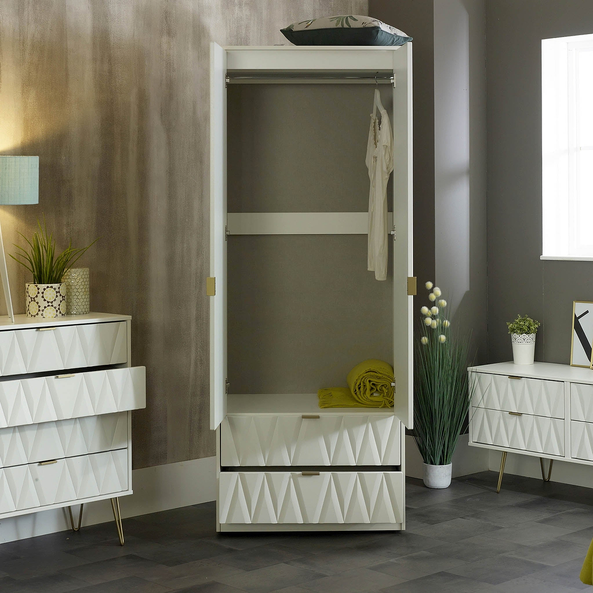 Geo white panelled 2 drawer double wardrobe or bedroom
