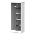 A tall, empty white bookshelf with six shelves, including a split level, against a solid background.