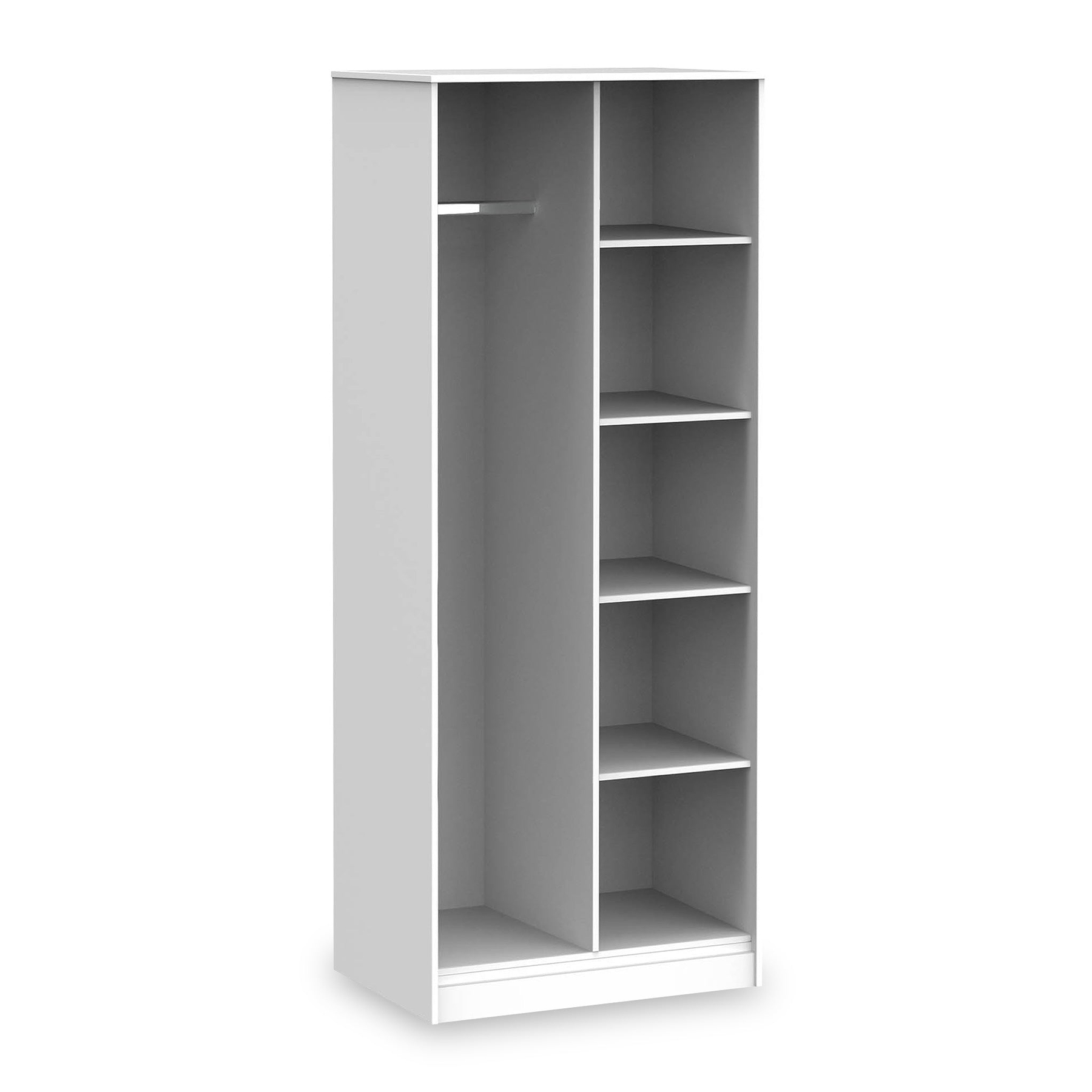 A tall white wardrobe with dual compartments, one with a clothes hanger and the other with multiple shelves, stands isolated against a white background.