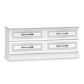 A white wooden sideboard with four drawers, detailed with patterned inlays and metal handles, against a plain background.