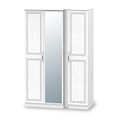 A white three-panel folding screen, partially unfolded, with one mirrored section in the center. It stands isolated on a white background.