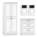A wardrobe and two bedside tables with a drawer each flank a three-drawer dresser, all white with minimalist handles, isolated on a white background.