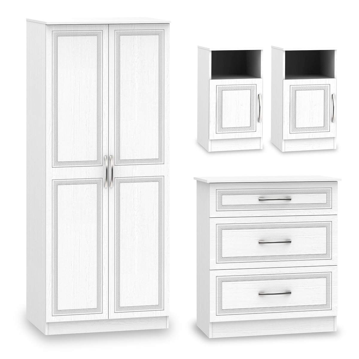 A wardrobe and two bedside tables with a drawer each flank a three-drawer dresser, all white with minimalist handles, isolated on a white background.