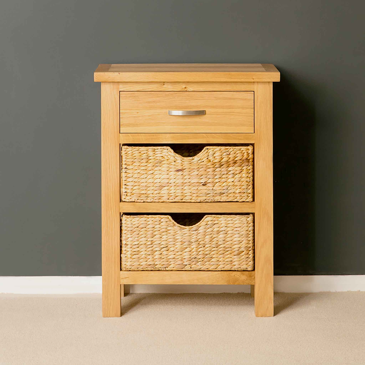 London Oak Hall Table with Baskets - Front View