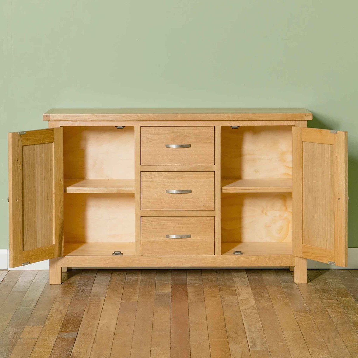 London Oak 3 Drawer Sideboard - Front view with cupboard doors open