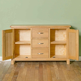 London Oak 3 Drawer Sideboard - Front view with cupboard doors open