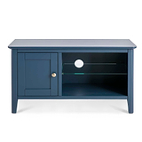 A navy blue wooden TV stand with an open shelf, a closed cabinet, and a hole for cables, isolated against a white background.