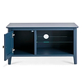 A navy blue wooden TV stand with an open shelf, a glass partition, and a cabinet door ajar, isolated against a white background.