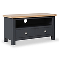 A charcoal grey wooden television stand with a contrasting natural wood top has two drawers, a shelf, and is depicted against a white background.
