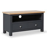 A charcoal grey wooden television stand with a contrasting natural wood top has two drawers, a shelf, and is depicted against a white background.