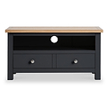 A black television stand with a wooden top features a central open shelf and flanking drawers against a white background.