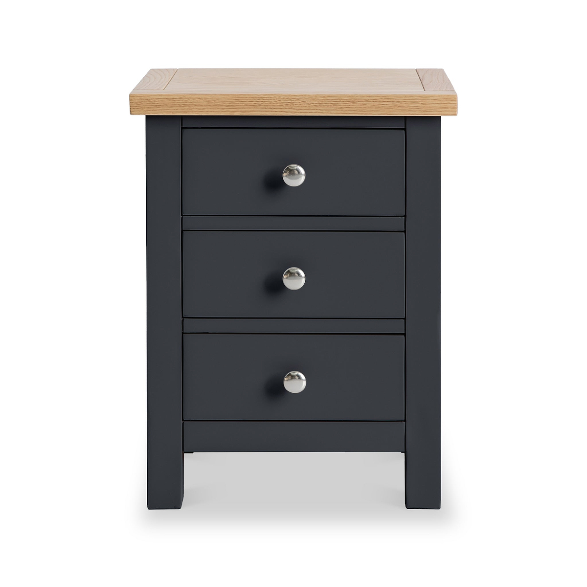 Farrow Charcoal Bedside Table by Roseland Furniture - Front view with silver handles