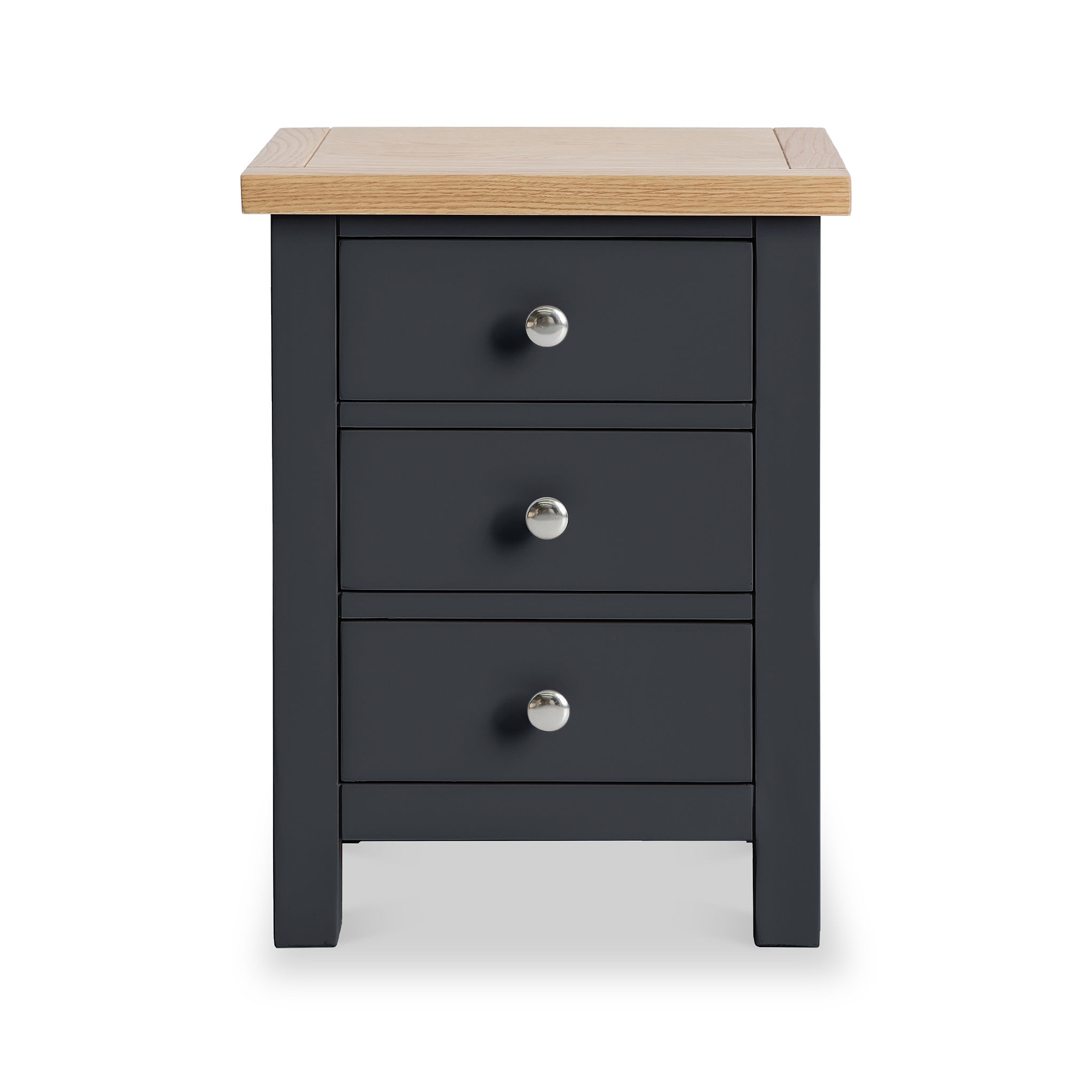 Farrow Charcoal Bedside Table by Roseland Furniture - Front view with silver handles