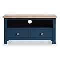 A blue wooden TV stand with a natural wood top rests against a plain background, featuring two drawers and an open shelf with a circular cutout for cables.