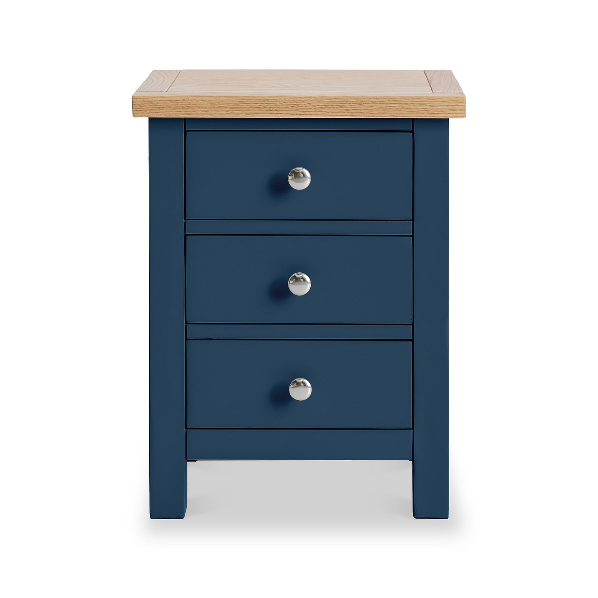 Farrow Navy Bedside Table by Roseland Furniture - Front view with silver handles