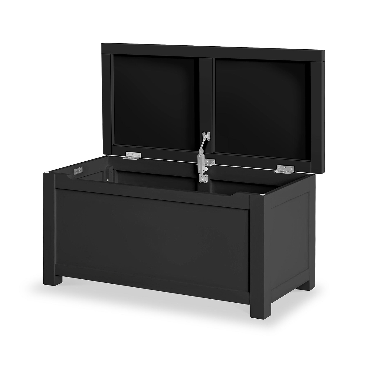 A black tool chest with an open top lid revealing a spacious interior, set against a white background.