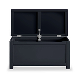 A black tool chest with multiple drawers, one partially open, on a plain white background. Stainless steel handles and locks are visible.