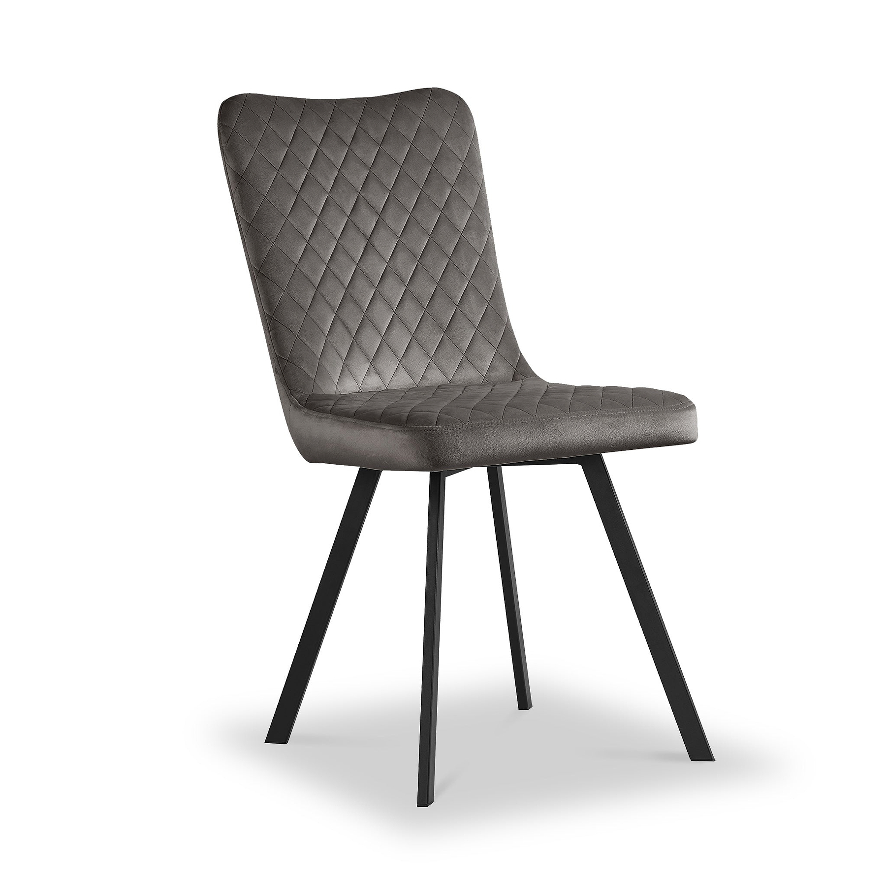 A grey upholstered chair with a diamond pattern and black legs stands isolated against a white backdrop.