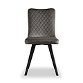 A gray upholstered dining chair with a quilted backrest and black wooden legs is positioned front and center against a white background.