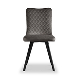 A gray upholstered dining chair with a quilted backrest and black wooden legs is positioned front and center against a white background.