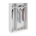 A white, open wardrobe displaying a collection of women's clothing and shoes, organized neatly across shelves and hanging space.