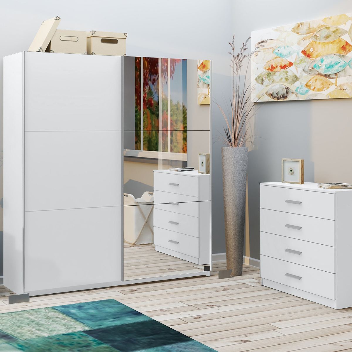 Holland White 180cm Sliding 1/2 Mirror Double Wardrobe