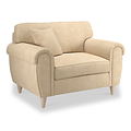 A beige, single-seat fabric sofa with a cushion on a plain white background.