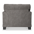 A grey fabric loveseat is centered against a white background, featuring a cushioned back, padded arms, and dark wooden legs.