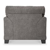 A grey fabric loveseat is centered against a white background, featuring a cushioned back, padded arms, and dark wooden legs.
