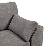 A grey fabric sofa with a cushion rests against an armrest, set against a white background.