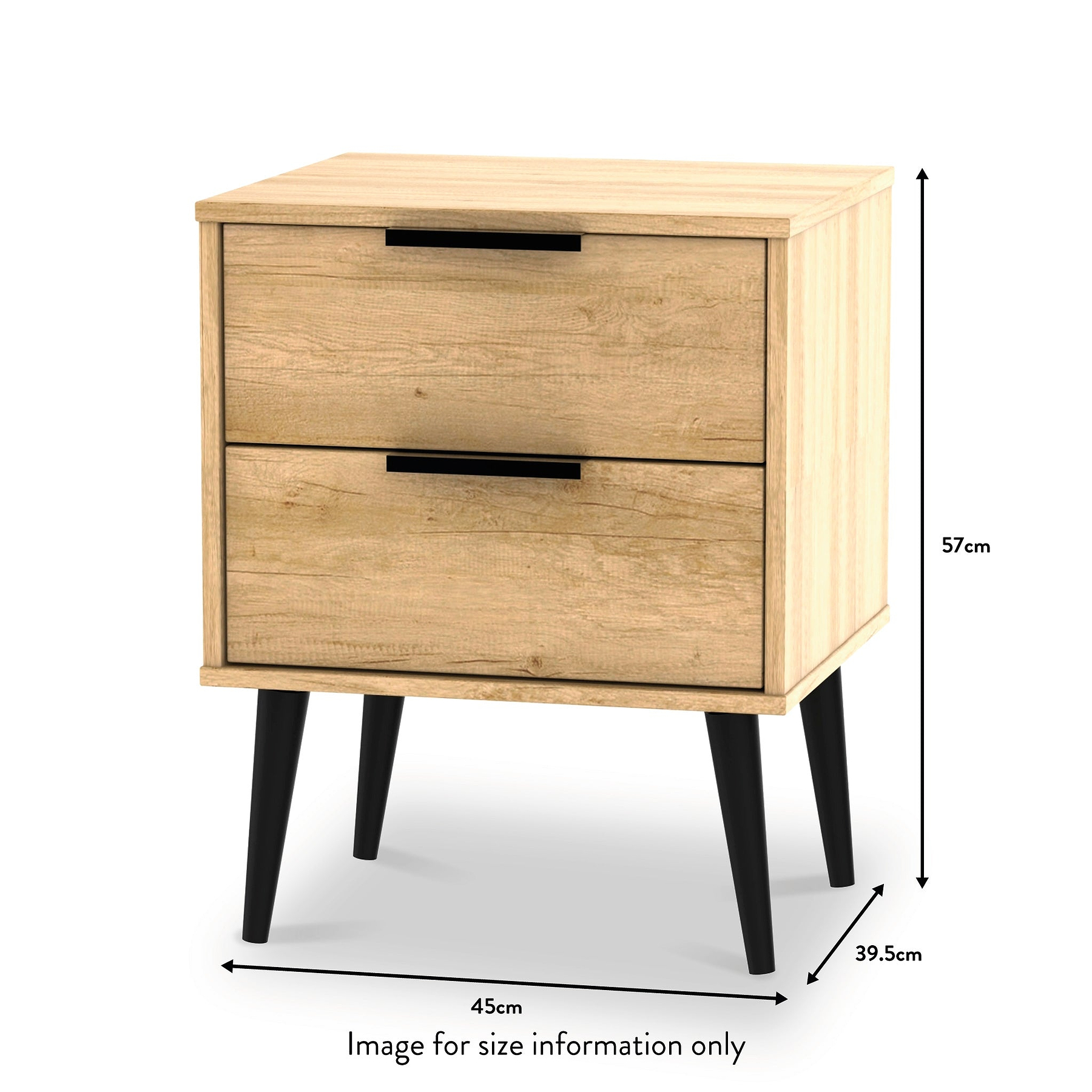 Asher Light Oak 2 Drawer Bedside Table dimensions