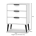 A white three-drawer chest with black handles and angled black legs, shown with dimensions: 74cm height, 57.5cm width, 39.5cm depth. Text indicates the image is for size information only.