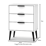 A white three-drawer chest with black handles and angled black legs, shown with dimensions: 74cm height, 57.5cm width, 39.5cm depth. Text indicates the image is for size information only.