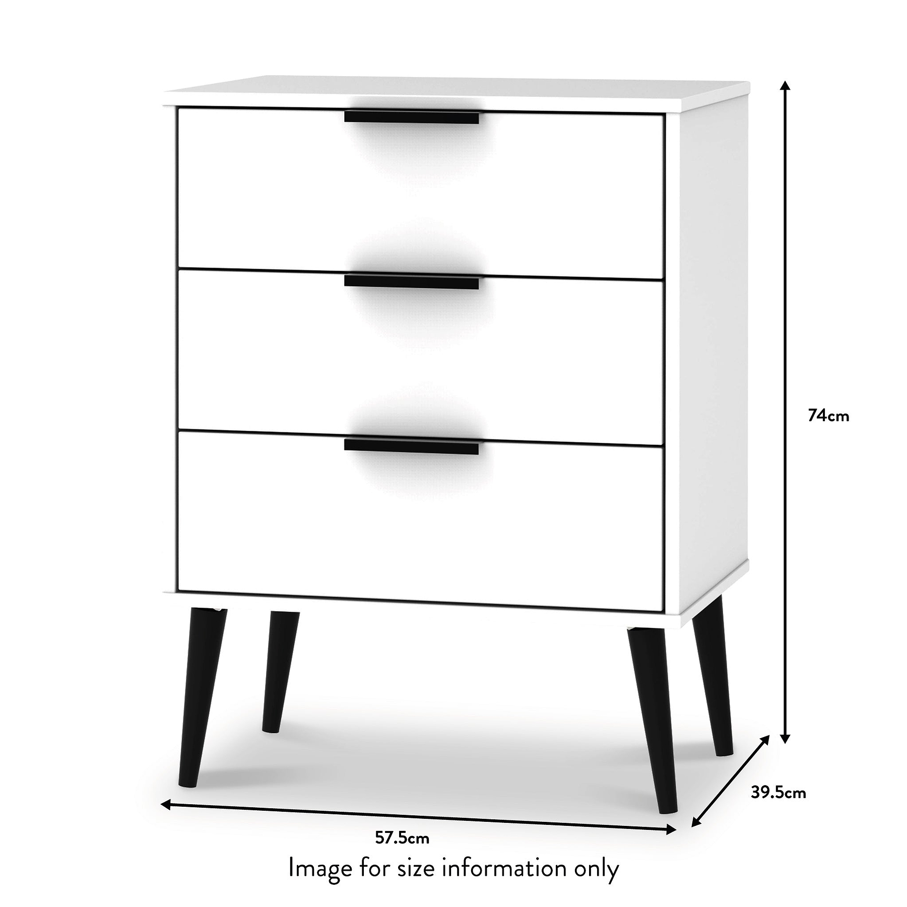 A white three-drawer chest with black handles and angled black legs, shown with dimensions: 74cm height, 57.5cm width, 39.5cm depth. Text indicates the image is for size information only.