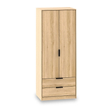 A wooden wardrobe stands against a plain white background; it features two doors above and two drawers below with simple black handles.