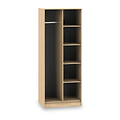 A tall wooden bookshelf with empty shelves stands against a white background.