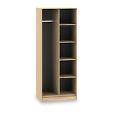 A tall wooden bookshelf with empty shelves stands against a white background.
