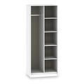 A tall white shelving unit with five shelves against a white background, standing empty.