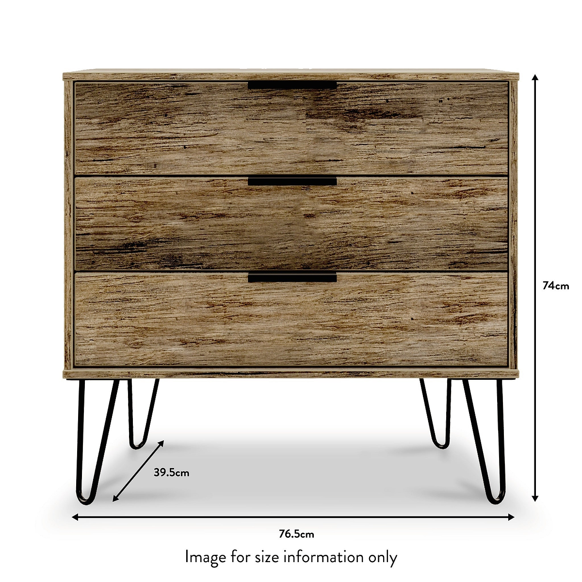 Moreno Rustic Oak 3 Drawer Chest with Black Hairpin Legs size guide