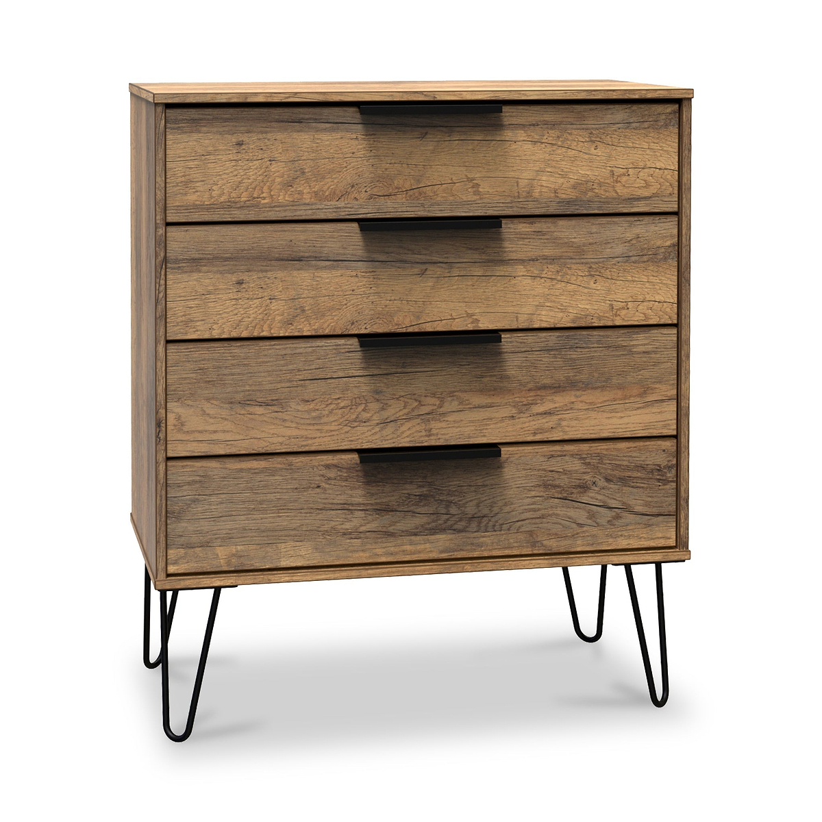 A wooden dresser with four drawers and black metal legs stands against a white background.