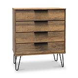 A wooden dresser with four drawers and black metal legs stands against a white background.