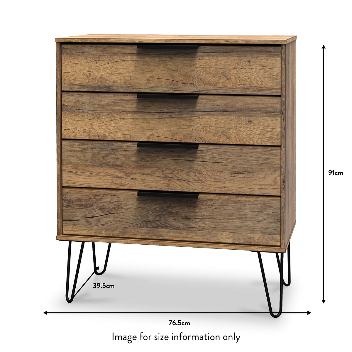 Moreno Rustic Oak Wooden 4 Drawer Chest with Black Hairpin Legs size guide